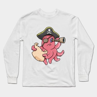 Octopus as Pirate with Treasure map and Binoculars Long Sleeve T-Shirt